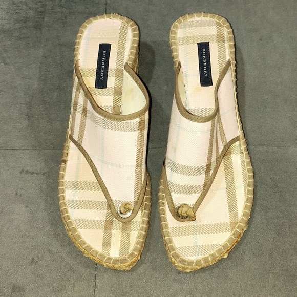 Burberry Pink Plaid Check Espadrille Wedge Thongs Flip Flops Sandals Size 39 - Picture 5 of 7